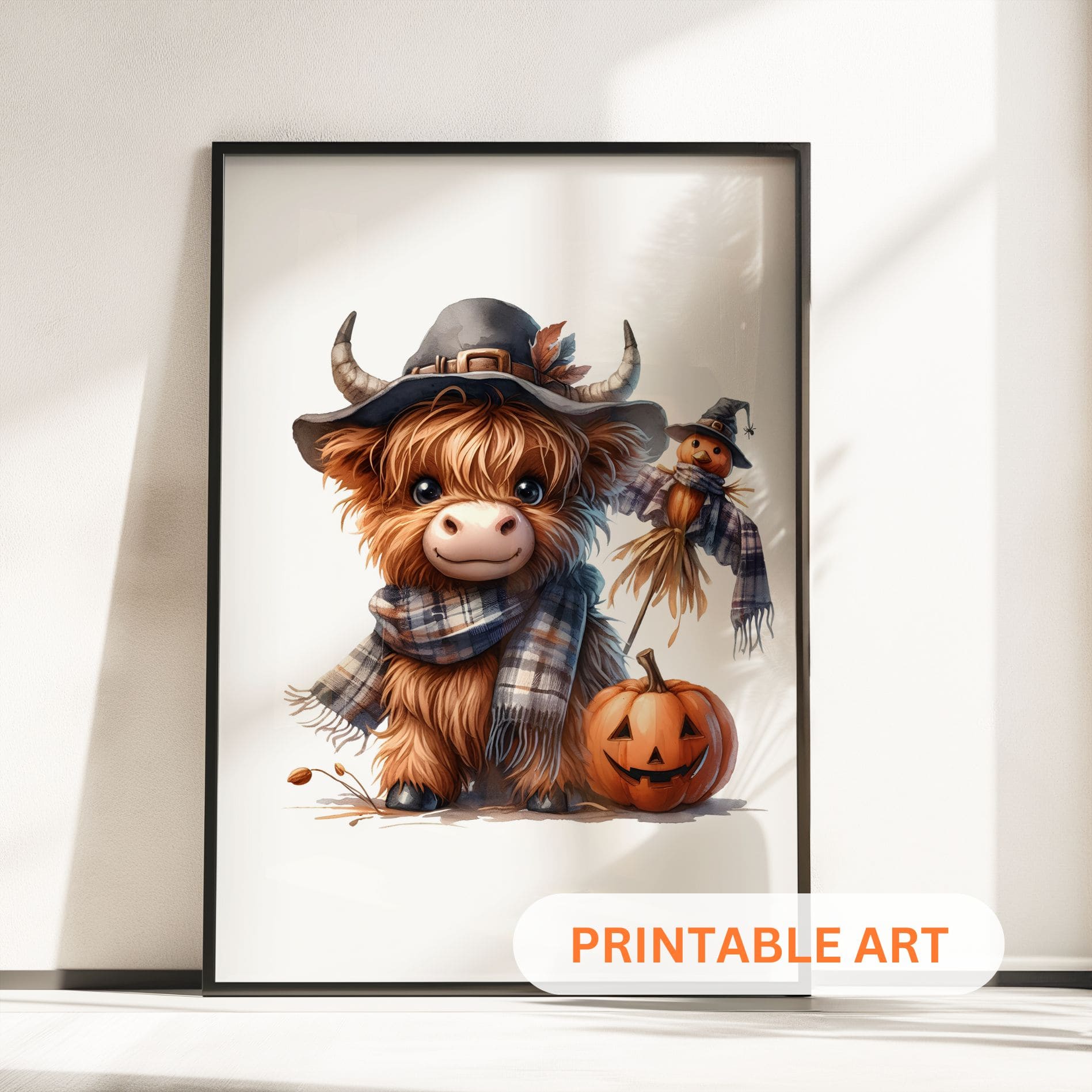 Three prints of cute Highland cows dressed as a witch, a pumpkin-themed cow, and a scarecrow, perfect for Halloween nursery decor.