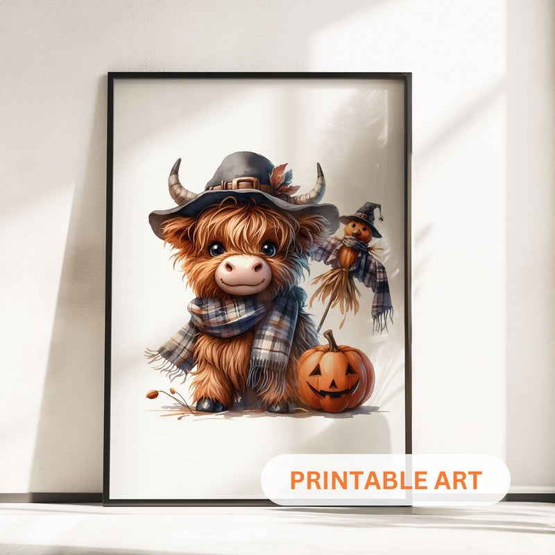 Three prints of cute Highland cows dressed as a witch, a pumpkin-themed cow, and a scarecrow, perfect for Halloween nursery decor.