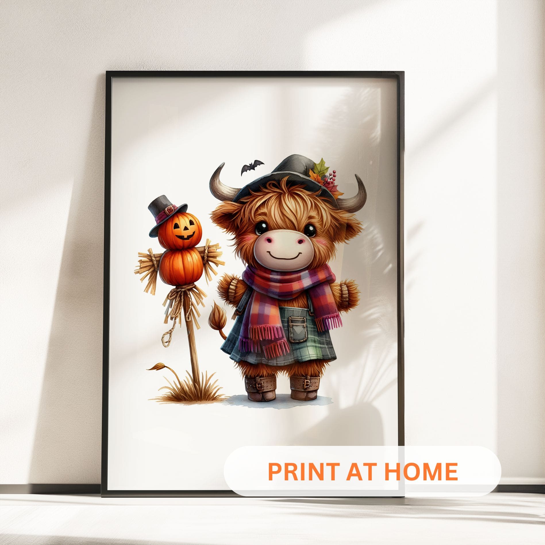 Three prints of cute Highland cows dressed as a witch, a pumpkin-themed cow, and a scarecrow, perfect for Halloween nursery decor.