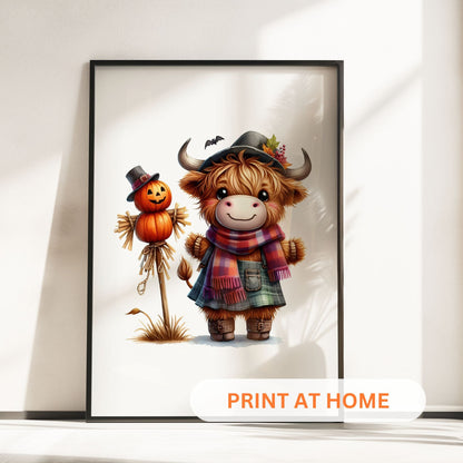 Three prints of cute Highland cows dressed as a witch, a pumpkin-themed cow, and a scarecrow, perfect for Halloween nursery decor.