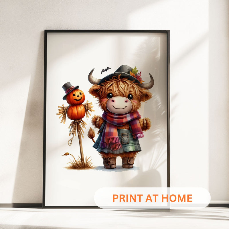 Three prints of cute Highland cows dressed as a witch, a pumpkin-themed cow, and a scarecrow, perfect for Halloween nursery decor.