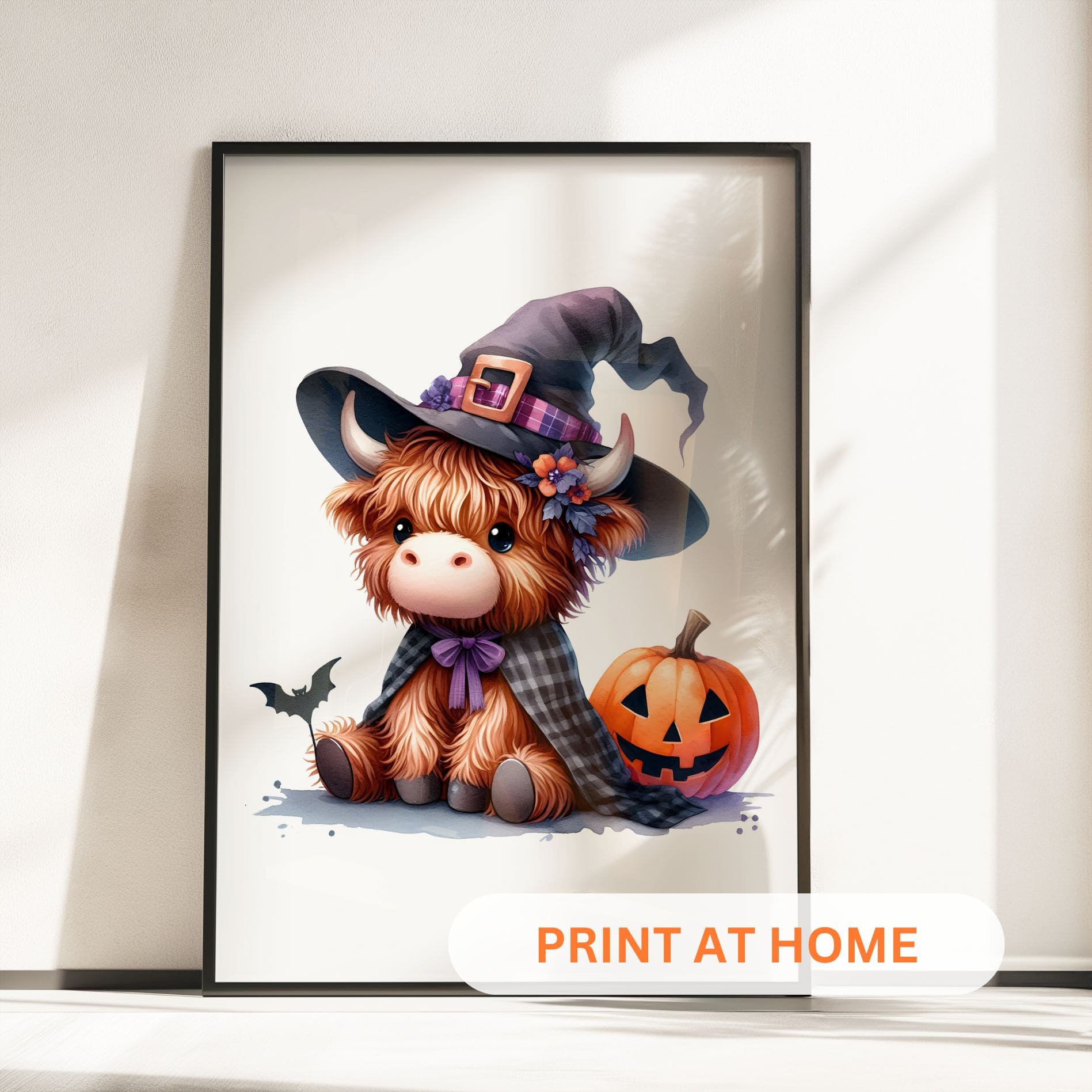 Three prints of cute Highland cows dressed as a witch, a pumpkin-themed cow, and a scarecrow, perfect for Halloween nursery decor.