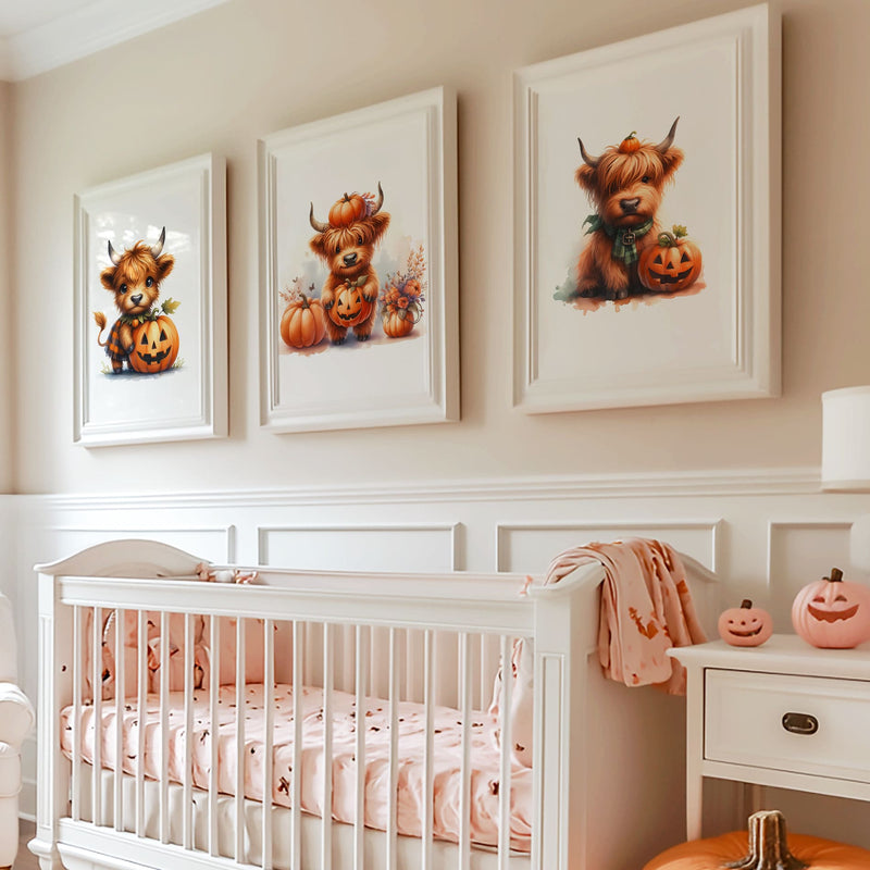 Three nursery prints featuring cute Highland cows with pumpkins, perfect for Halloween and autumn-themed nursery decor.