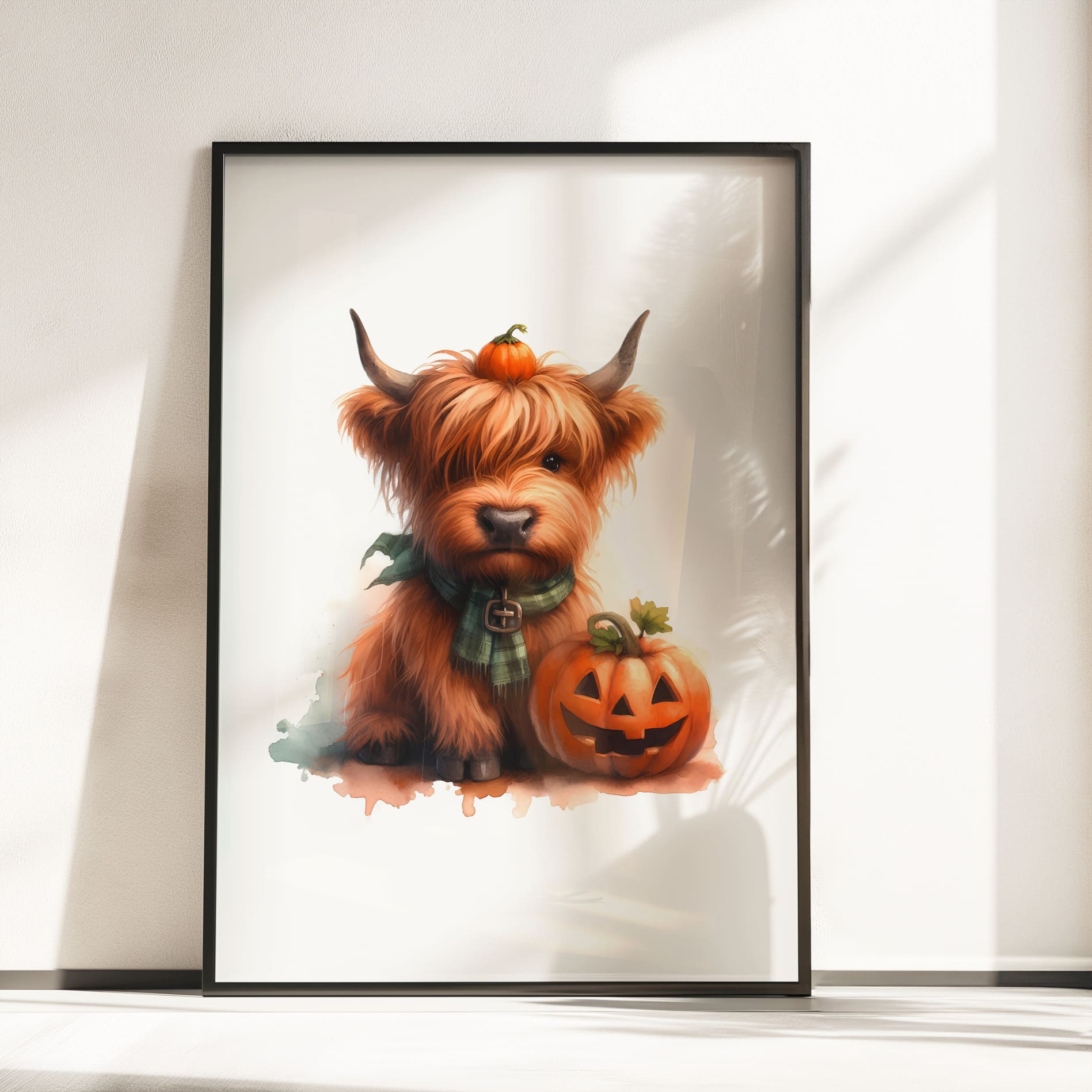 Three nursery prints featuring cute Highland cows with pumpkins, perfect for Halloween and autumn-themed nursery decor.