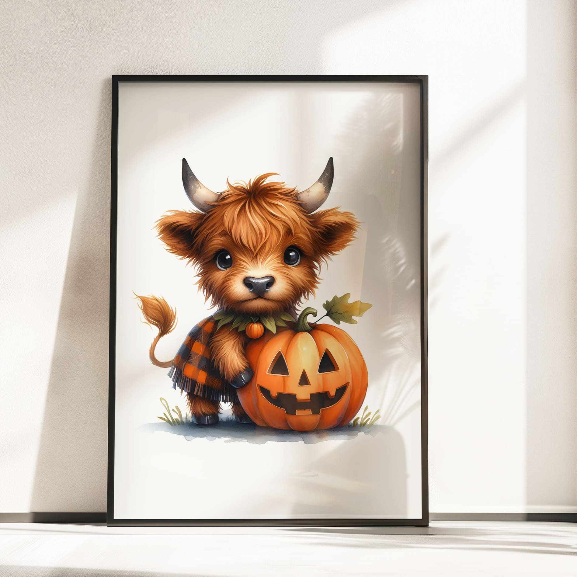 Three nursery prints featuring cute Highland cows with pumpkins, perfect for Halloween and autumn-themed nursery decor.