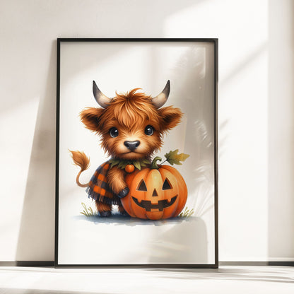 Three nursery prints featuring cute Highland cows with pumpkins, perfect for Halloween and autumn-themed nursery decor.