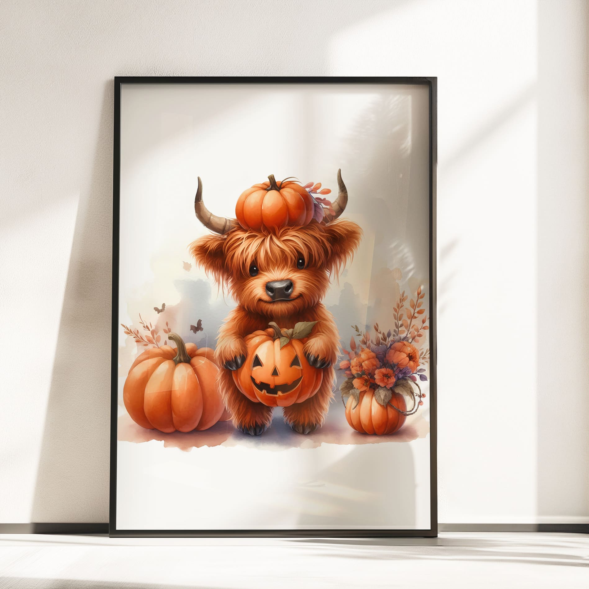 Three nursery prints featuring cute Highland cows with pumpkins, perfect for Halloween and autumn-themed nursery decor.