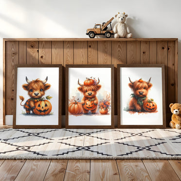 Three nursery prints featuring cute Highland cows with pumpkins, perfect for Halloween and autumn-themed nursery decor.