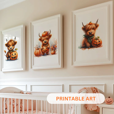 Three framed nursery prints featuring cute Highland cows with pumpkins, perfect for Halloween and autumn-themed nursery decor.