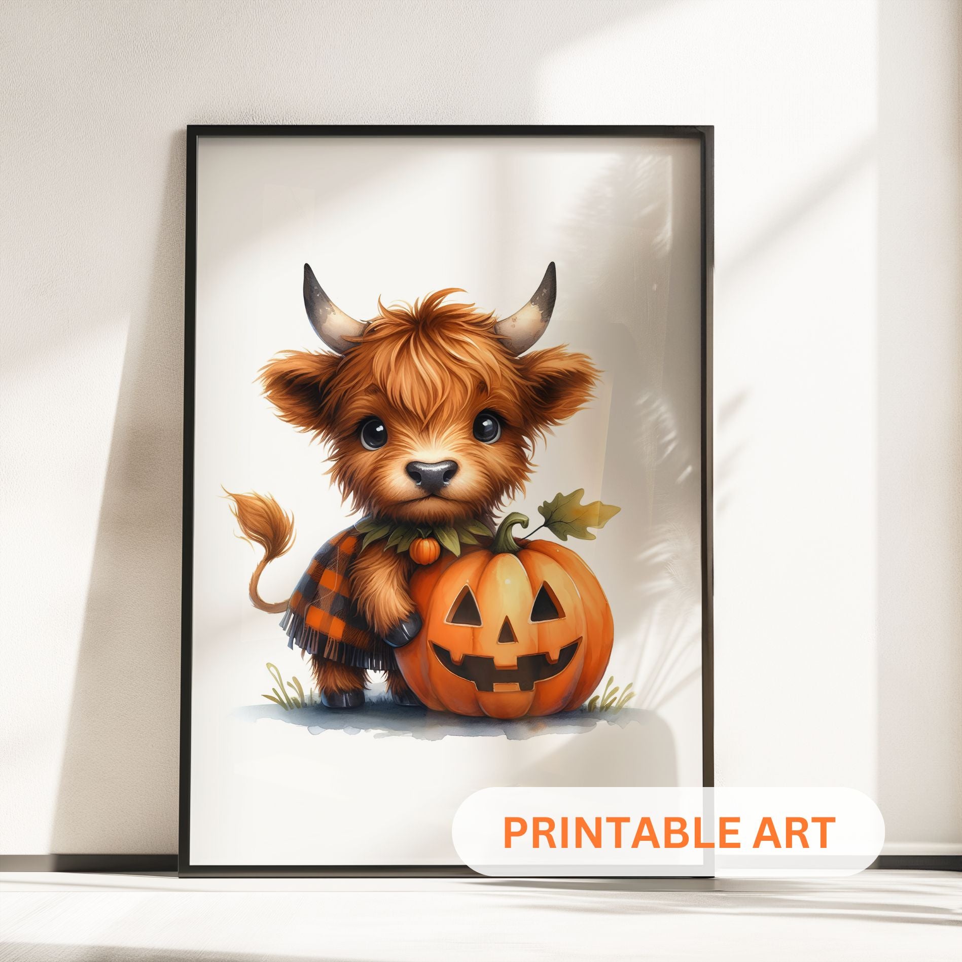 Three framed nursery prints featuring cute Highland cows with pumpkins, perfect for Halloween and autumn-themed nursery decor.
