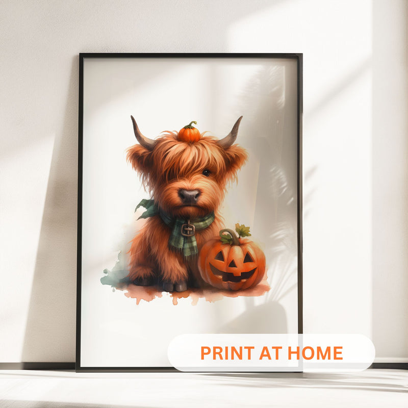 Three framed nursery prints featuring cute Highland cows with pumpkins, perfect for Halloween and autumn-themed nursery decor.