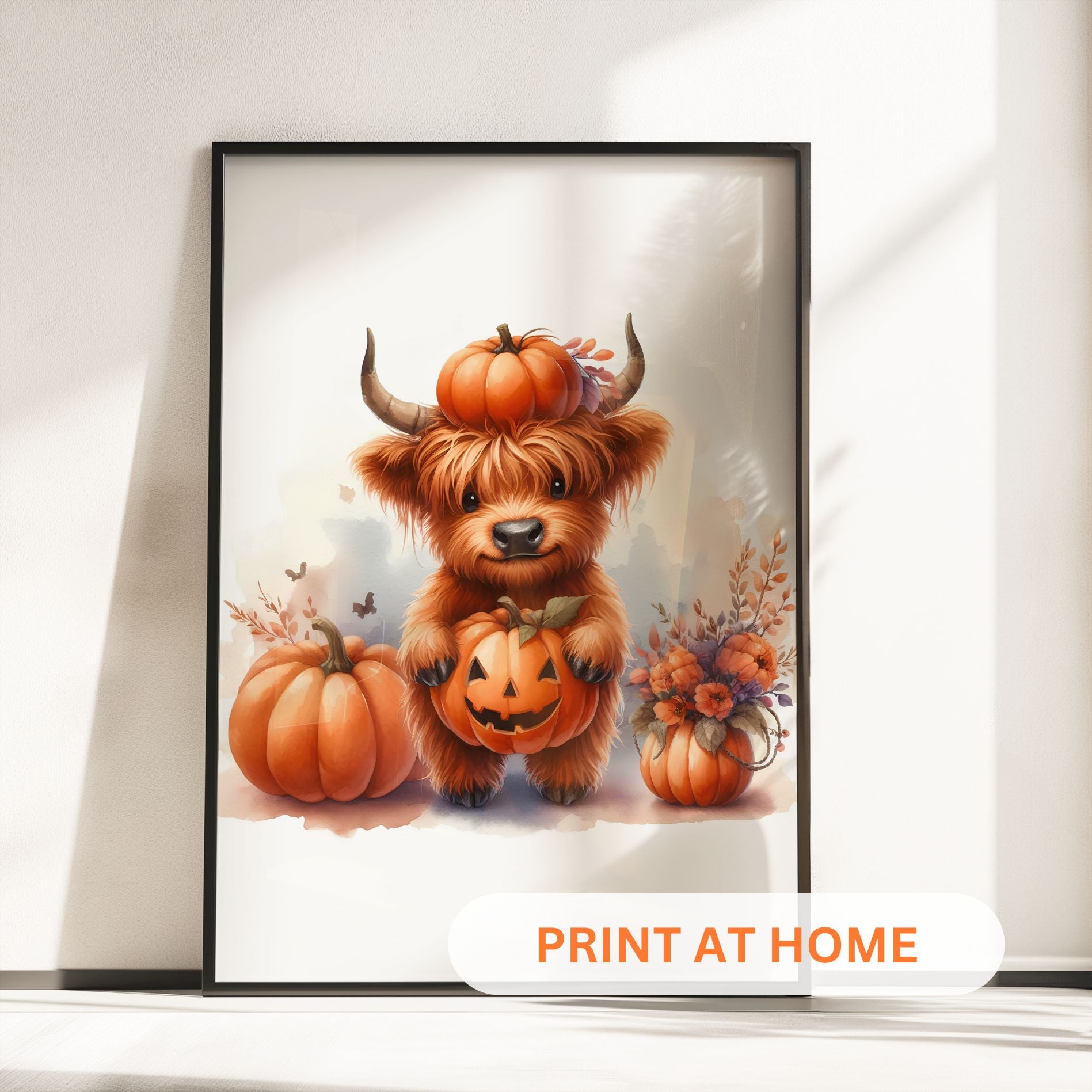 Three framed nursery prints featuring cute Highland cows with pumpkins, perfect for Halloween and autumn-themed nursery decor.