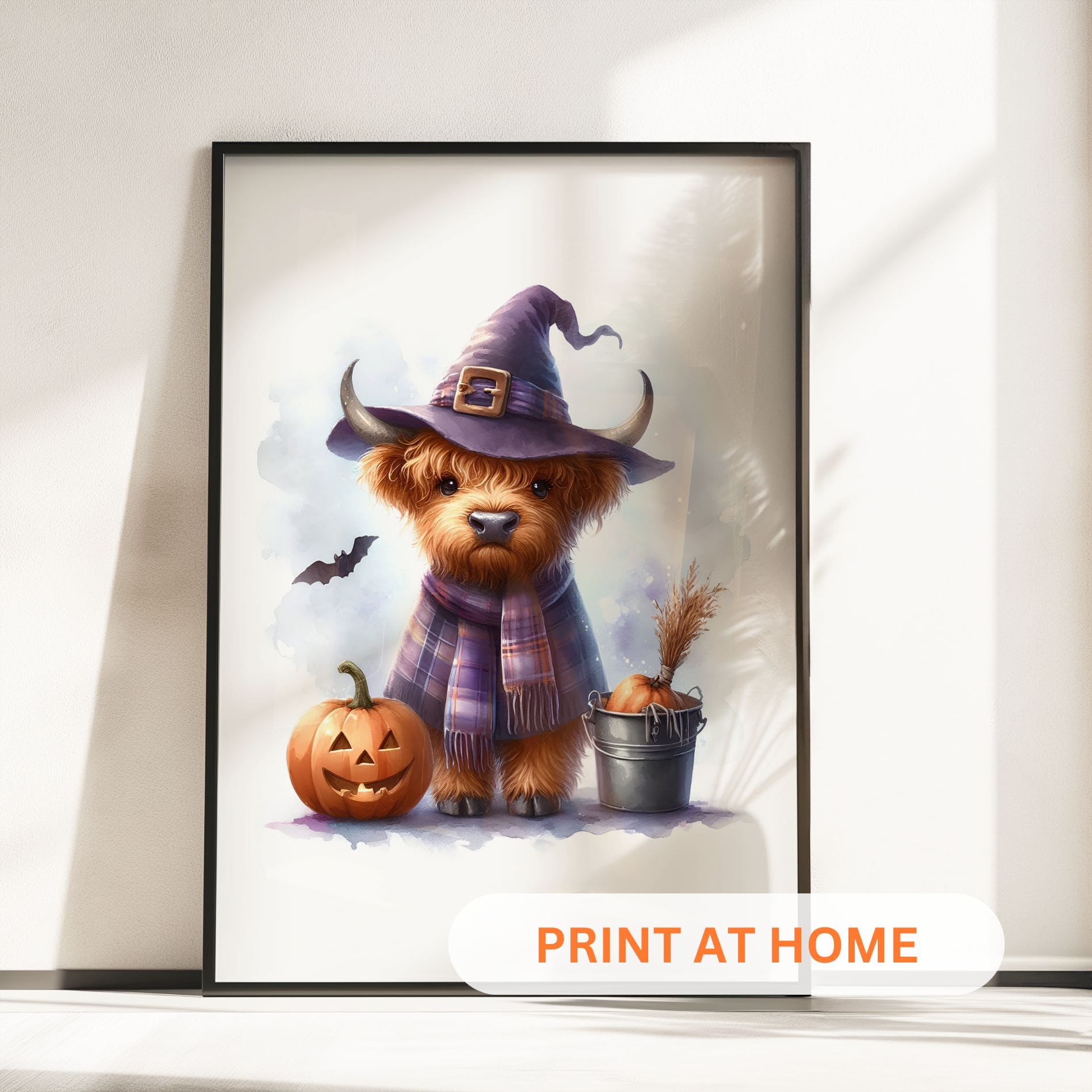 Three prints of cute Highland cows in Halloween costumes: one holding a pumpkin, one dressed as a witch, and one in a ghost sheet.