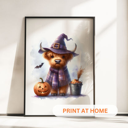 Three prints of cute Highland cows in Halloween costumes: one holding a pumpkin, one dressed as a witch, and one in a ghost sheet.