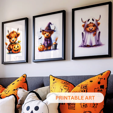 Three prints of cute Highland cows in Halloween costumes: one holding a pumpkin, one dressed as a witch, and one in a ghost sheet.