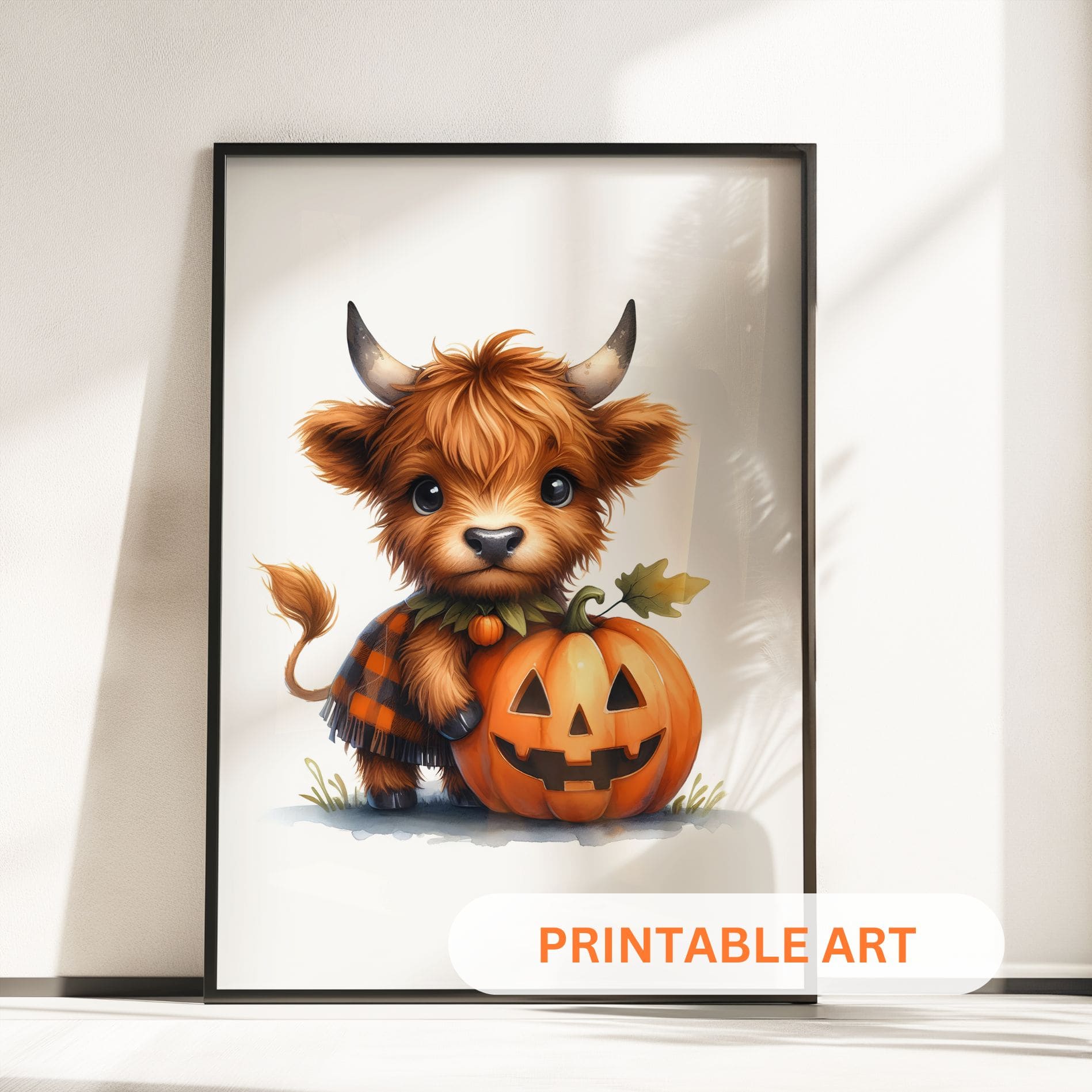 Three prints of cute Highland cows in Halloween costumes: one holding a pumpkin, one dressed as a witch, and one in a ghost sheet.