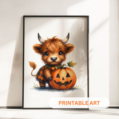 Three prints of cute Highland cows in Halloween costumes: one holding a pumpkin, one dressed as a witch, and one in a ghost sheet.