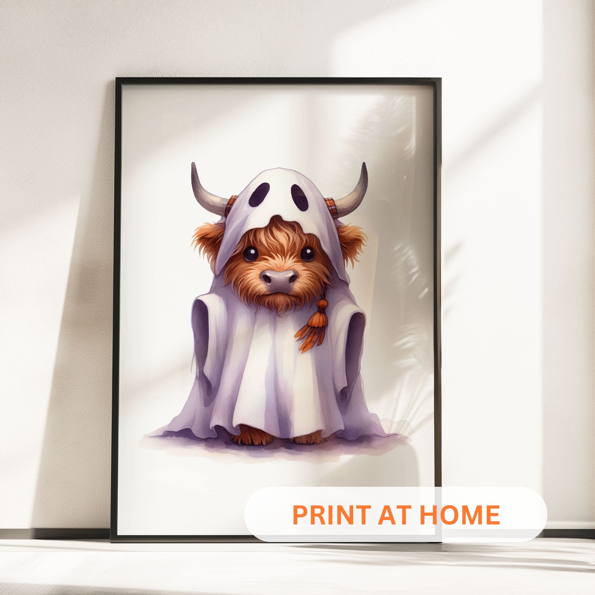 Three prints of cute Highland cows in Halloween costumes: one holding a pumpkin, one dressed as a witch, and one in a ghost sheet.