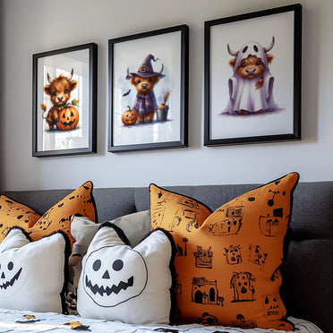 Three prints of cute Highland cows in Halloween costumes: one holding a pumpkin, one dressed as a witch, and one in a ghost sheet.