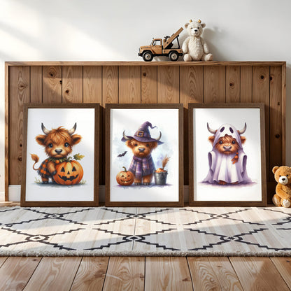 Three prints of cute Highland cows in Halloween costumes: one holding a pumpkin, one dressed as a witch, and one in a ghost sheet.