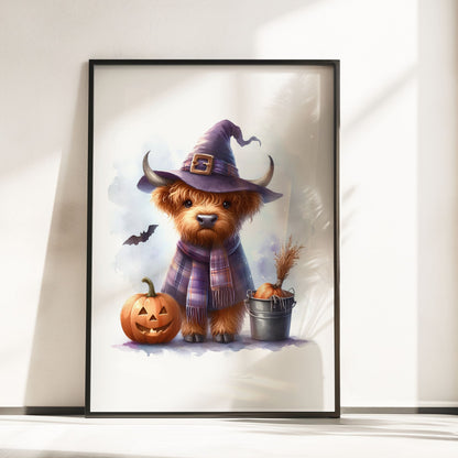 Three prints of cute Highland cows in Halloween costumes: one holding a pumpkin, one dressed as a witch, and one in a ghost sheet.