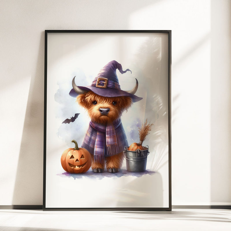 Three prints of cute Highland cows in Halloween costumes: one holding a pumpkin, one dressed as a witch, and one in a ghost sheet.