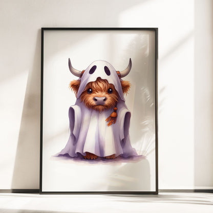 Three prints of cute Highland cows in Halloween costumes: one holding a pumpkin, one dressed as a witch, and one in a ghost sheet.