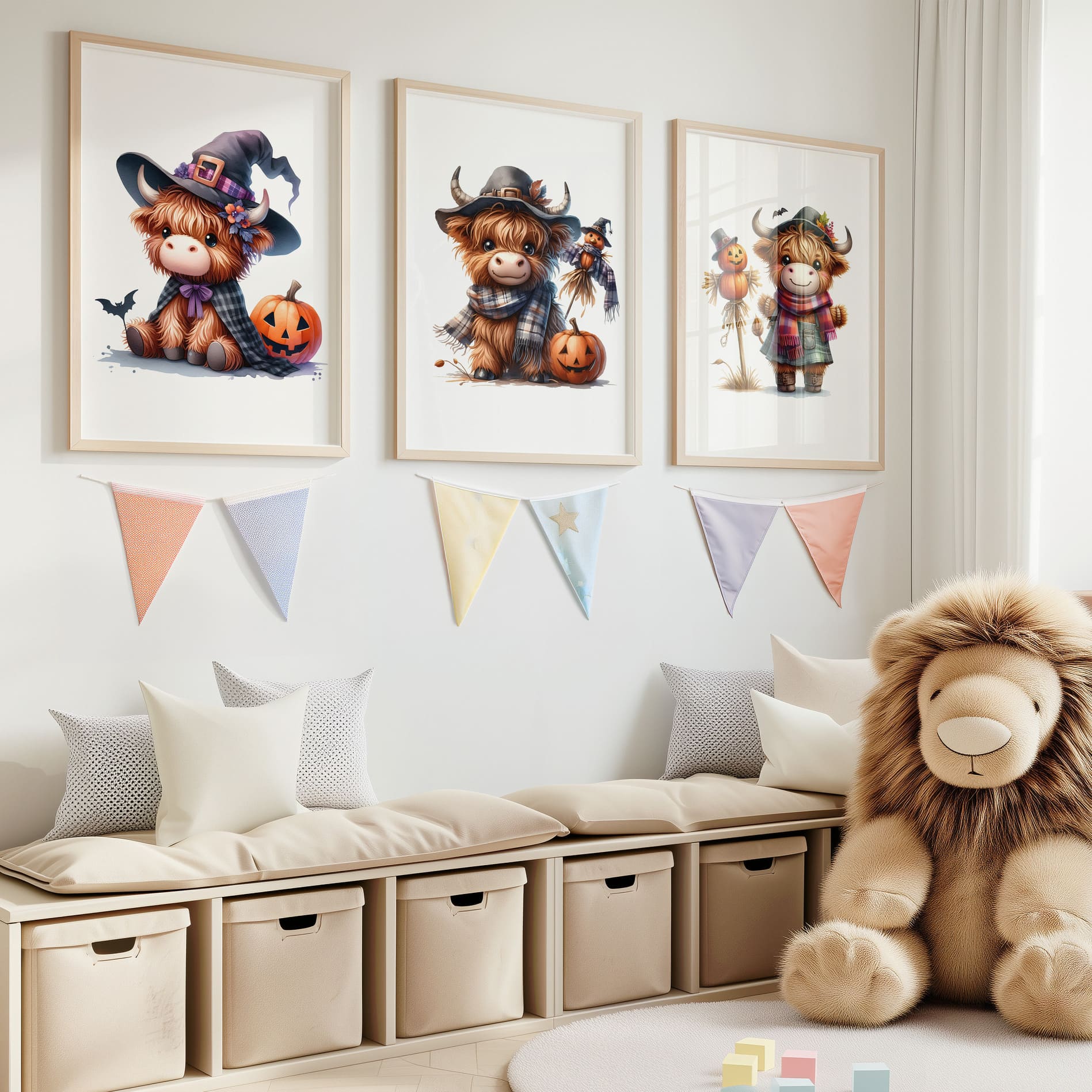 Three prints of cute Highland cows dressed as a witch, a pumpkin-themed cow, and a scarecrow, perfect for Halloween nursery decor.