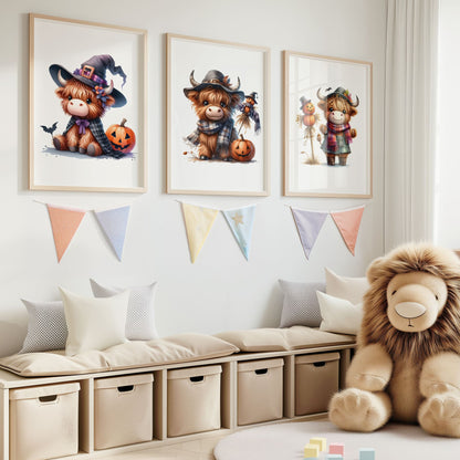 Three prints of cute Highland cows dressed as a witch, a pumpkin-themed cow, and a scarecrow, perfect for Halloween nursery decor.