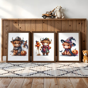 Three prints of cute Highland cows dressed as a witch, a pumpkin-themed cow, and a scarecrow, perfect for Halloween nursery decor.