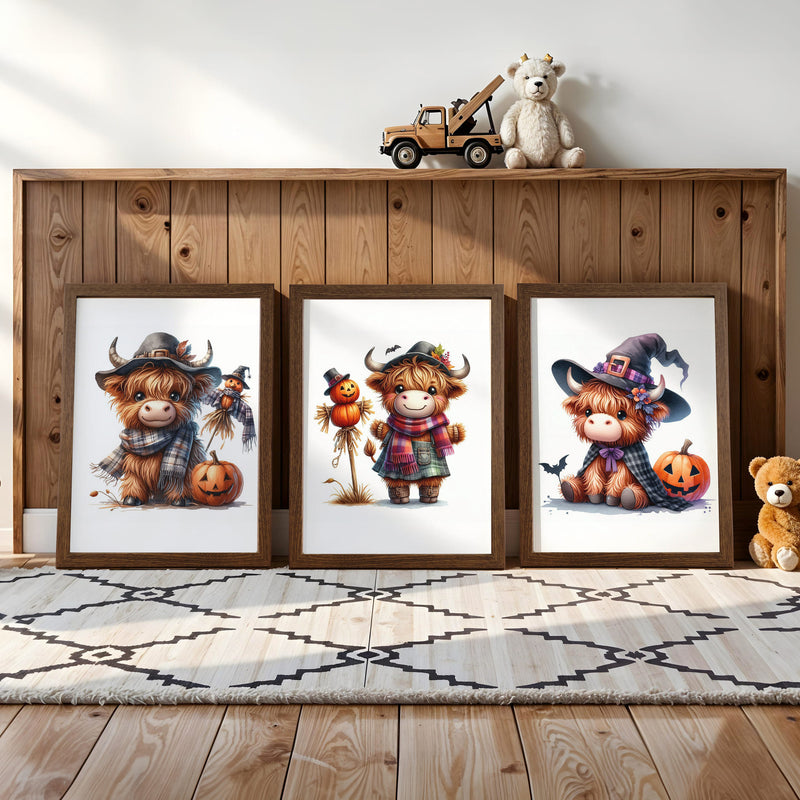 Three prints of cute Highland cows dressed as a witch, a pumpkin-themed cow, and a scarecrow, perfect for Halloween nursery decor.