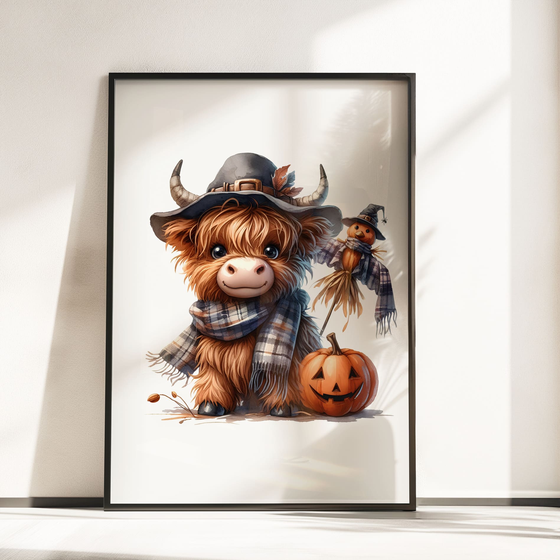 Three prints of cute Highland cows dressed as a witch, a pumpkin-themed cow, and a scarecrow, perfect for Halloween nursery decor.