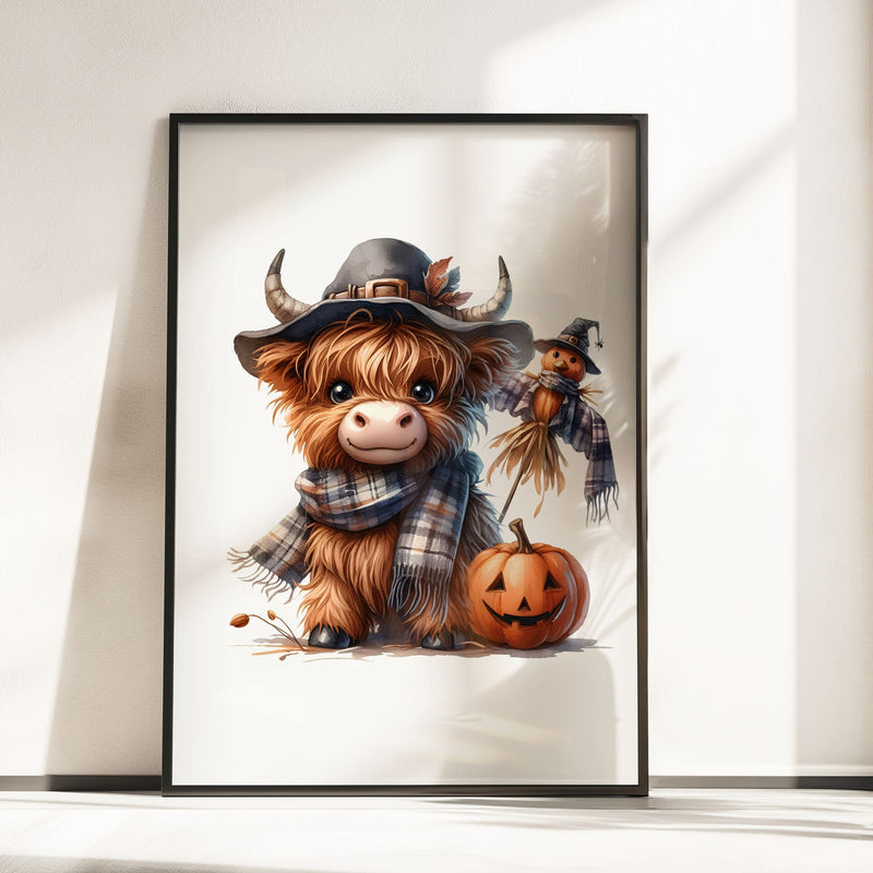 Three prints of cute Highland cows dressed as a witch, a pumpkin-themed cow, and a scarecrow, perfect for Halloween nursery decor.