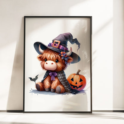 Three prints of cute Highland cows dressed as a witch, a pumpkin-themed cow, and a scarecrow, perfect for Halloween nursery decor.