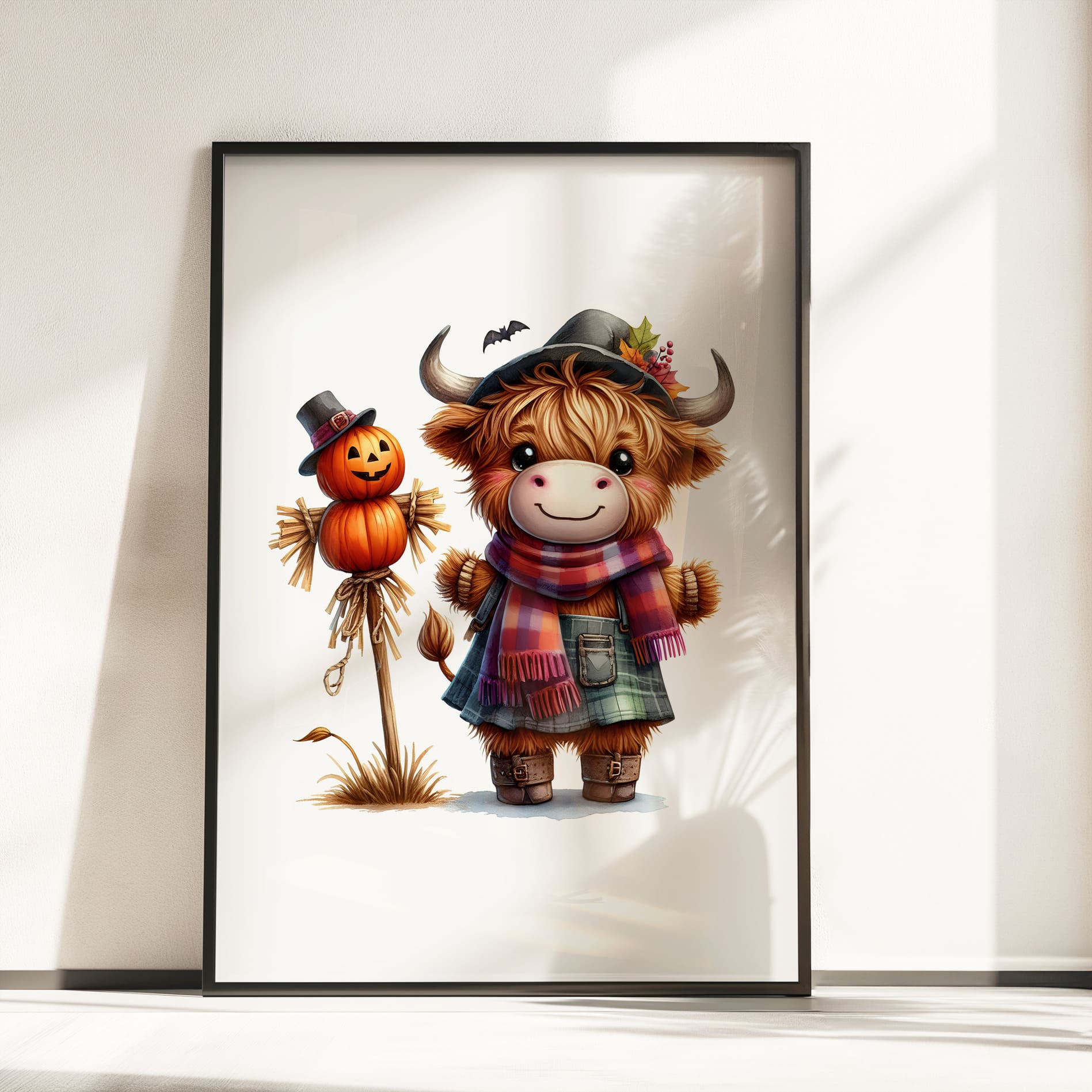 Three prints of cute Highland cows dressed as a witch, a pumpkin-themed cow, and a scarecrow, perfect for Halloween nursery decor.