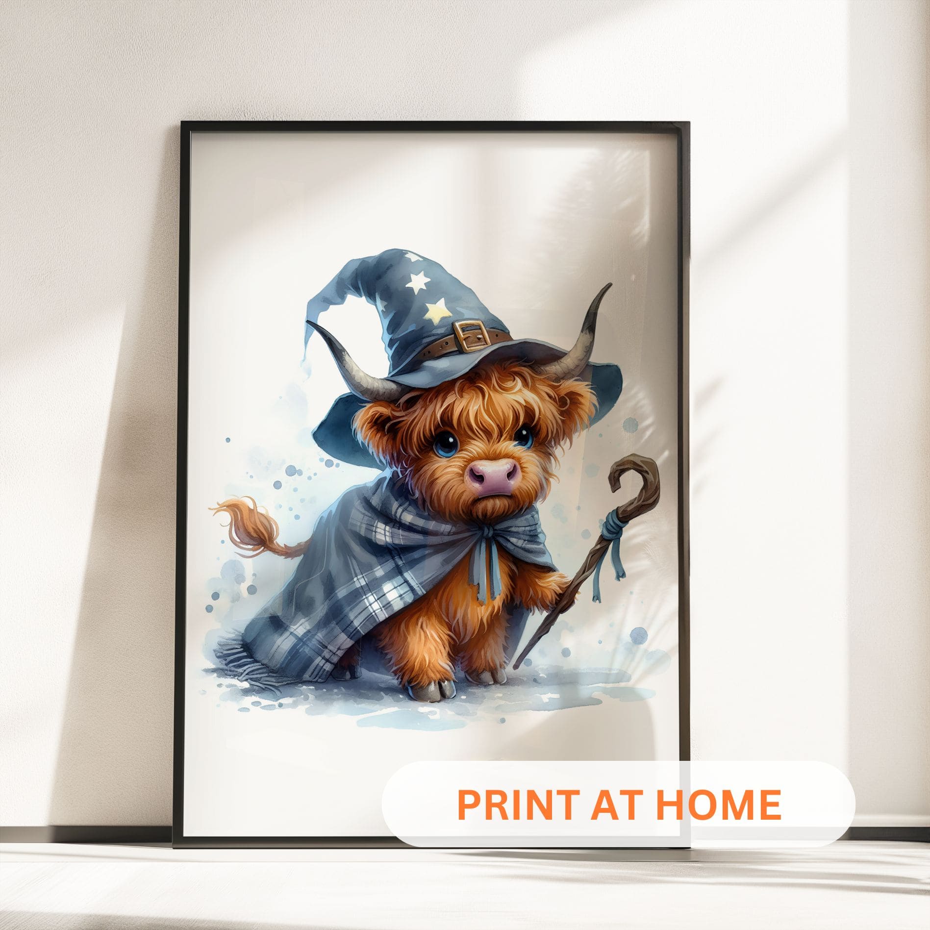 Three prints of cute Highland cows in witch costumes, holding magical props and pumpkins, perfect for Halloween nursery wall art.