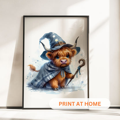 Three prints of cute Highland cows in witch costumes, holding magical props and pumpkins, perfect for Halloween nursery wall art.