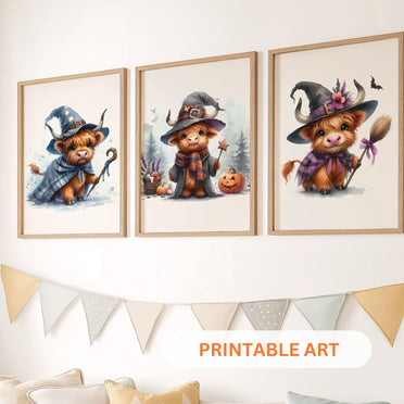 Three prints of cute Highland cows in witch costumes, holding magical props and pumpkins, perfect for Halloween nursery wall art.