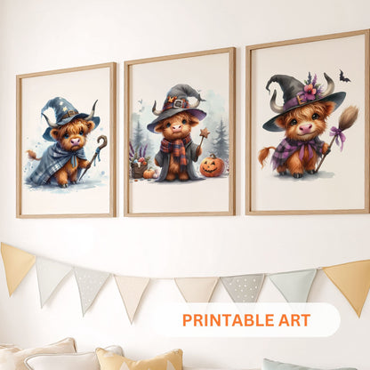 Three prints of cute Highland cows in witch costumes, holding magical props and pumpkins, perfect for Halloween nursery wall art.