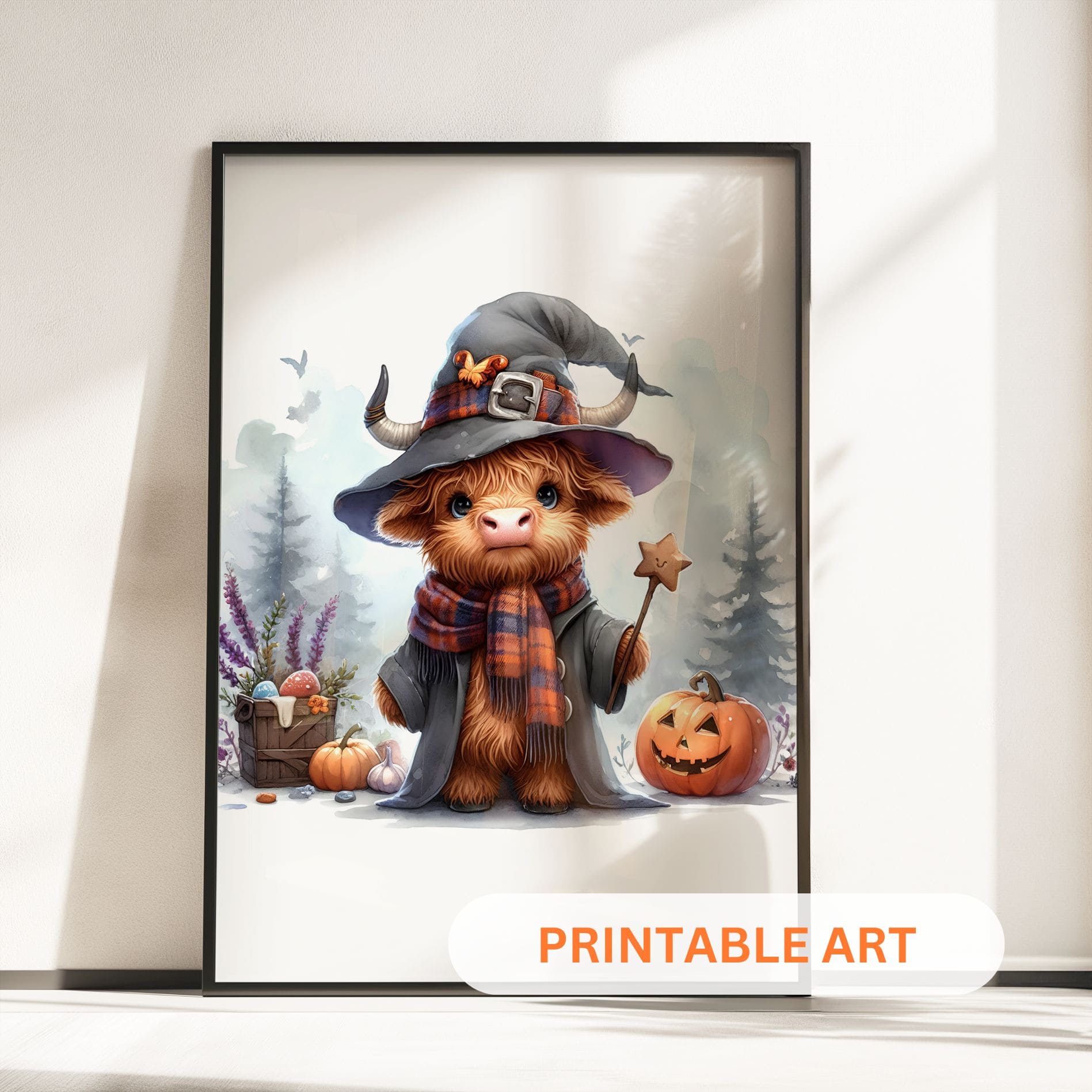 Three prints of cute Highland cows in witch costumes, holding magical props and pumpkins, perfect for Halloween nursery wall art.