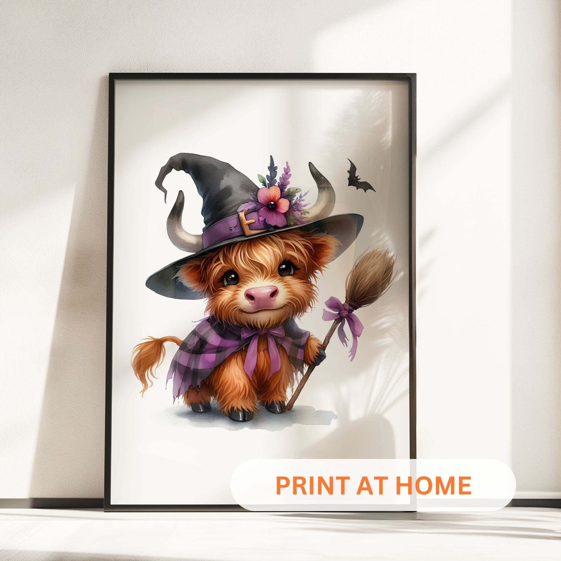 Three prints of cute Highland cows in witch costumes, holding magical props and pumpkins, perfect for Halloween nursery wall art.