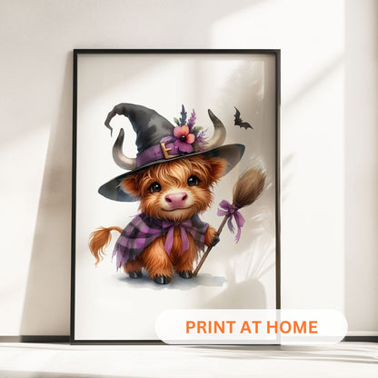 Three prints of cute Highland cows in witch costumes, holding magical props and pumpkins, perfect for Halloween nursery wall art.