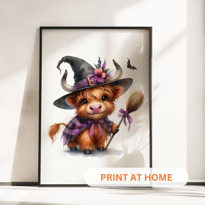 Three prints of cute Highland cows in witch costumes, holding magical props and pumpkins, perfect for Halloween nursery wall art.