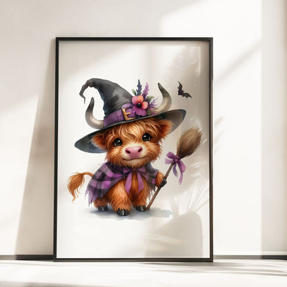 Three prints of cute Highland cows in witch costumes, holding magical props and pumpkins, perfect for Halloween nursery wall art.