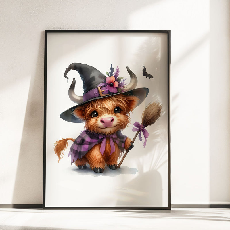 Three prints of cute Highland cows in witch costumes, holding magical props and pumpkins, perfect for Halloween nursery wall art.