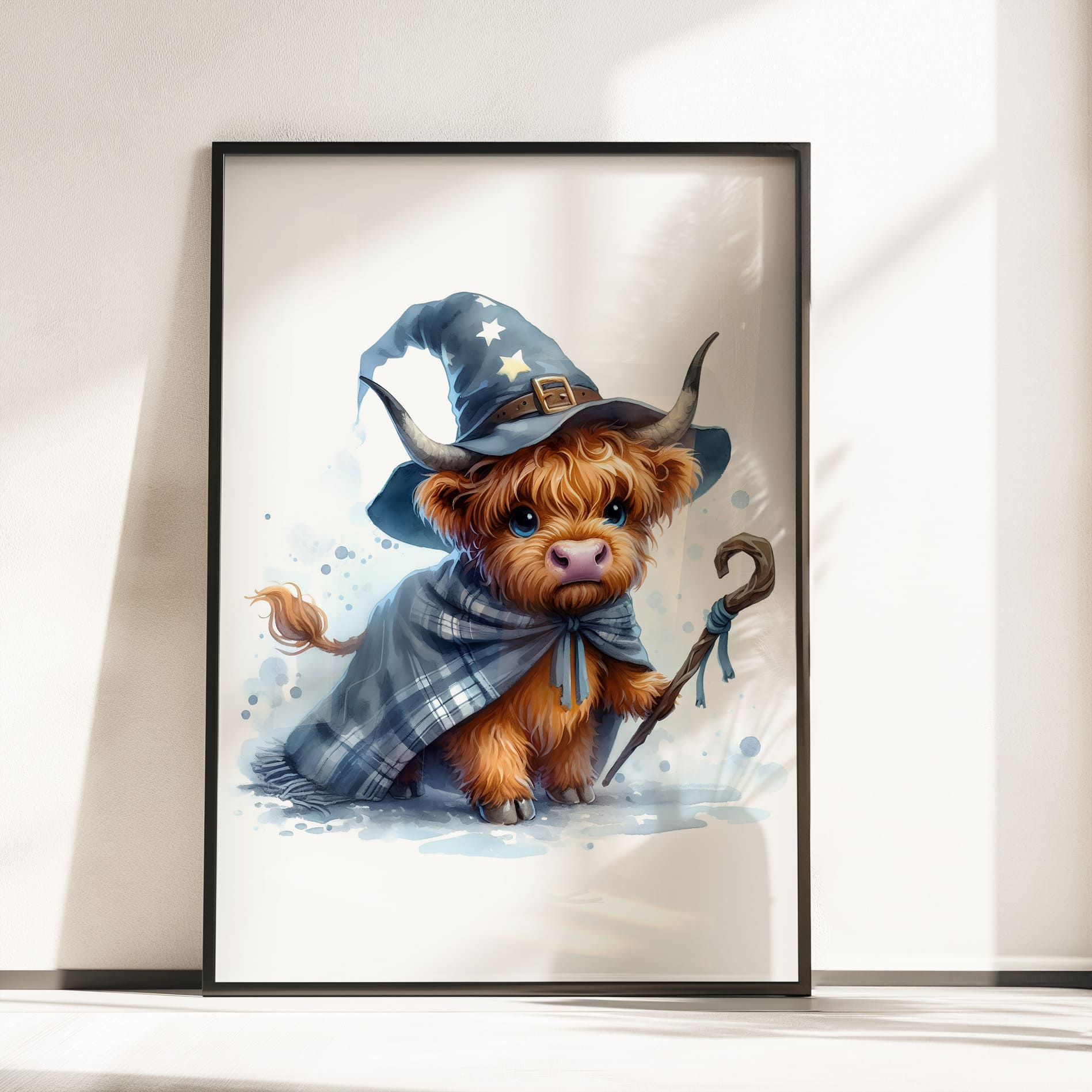 Three prints of cute Highland cows in witch costumes, holding magical props and pumpkins, perfect for Halloween nursery wall art.