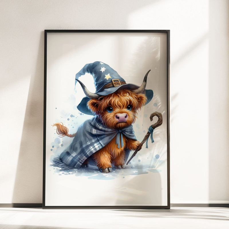 Three prints of cute Highland cows in witch costumes, holding magical props and pumpkins, perfect for Halloween nursery wall art.
