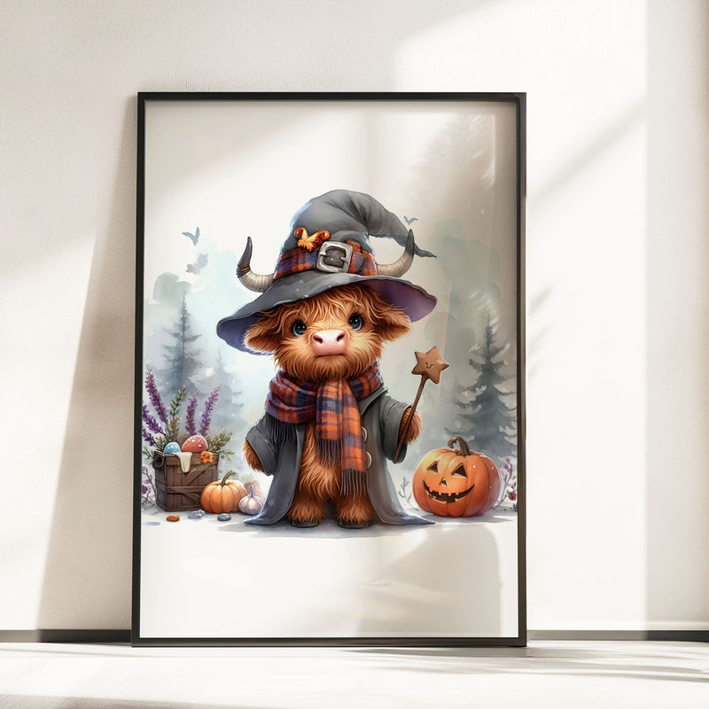 Three prints of cute Highland cows in witch costumes, holding magical props and pumpkins, perfect for Halloween nursery wall art.