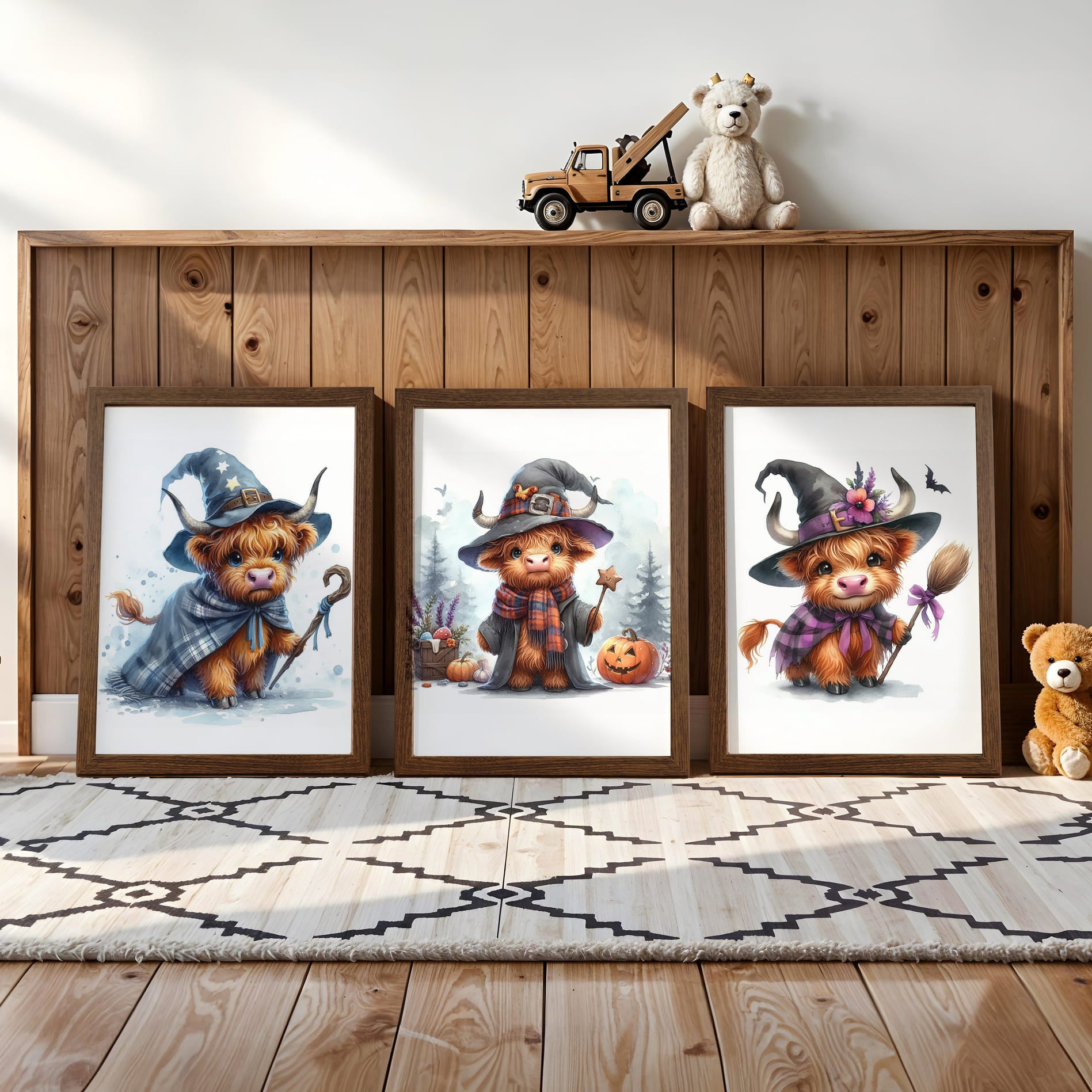 Three prints of cute Highland cows in witch costumes, holding magical props and pumpkins, perfect for Halloween nursery wall art.