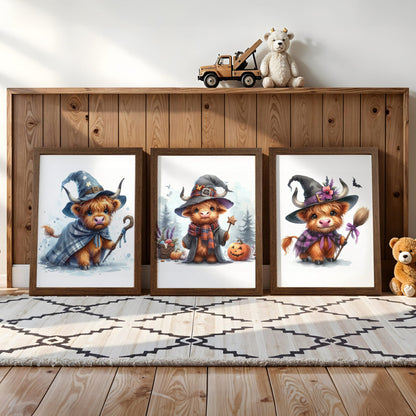 Three prints of cute Highland cows in witch costumes, holding magical props and pumpkins, perfect for Halloween nursery wall art.
